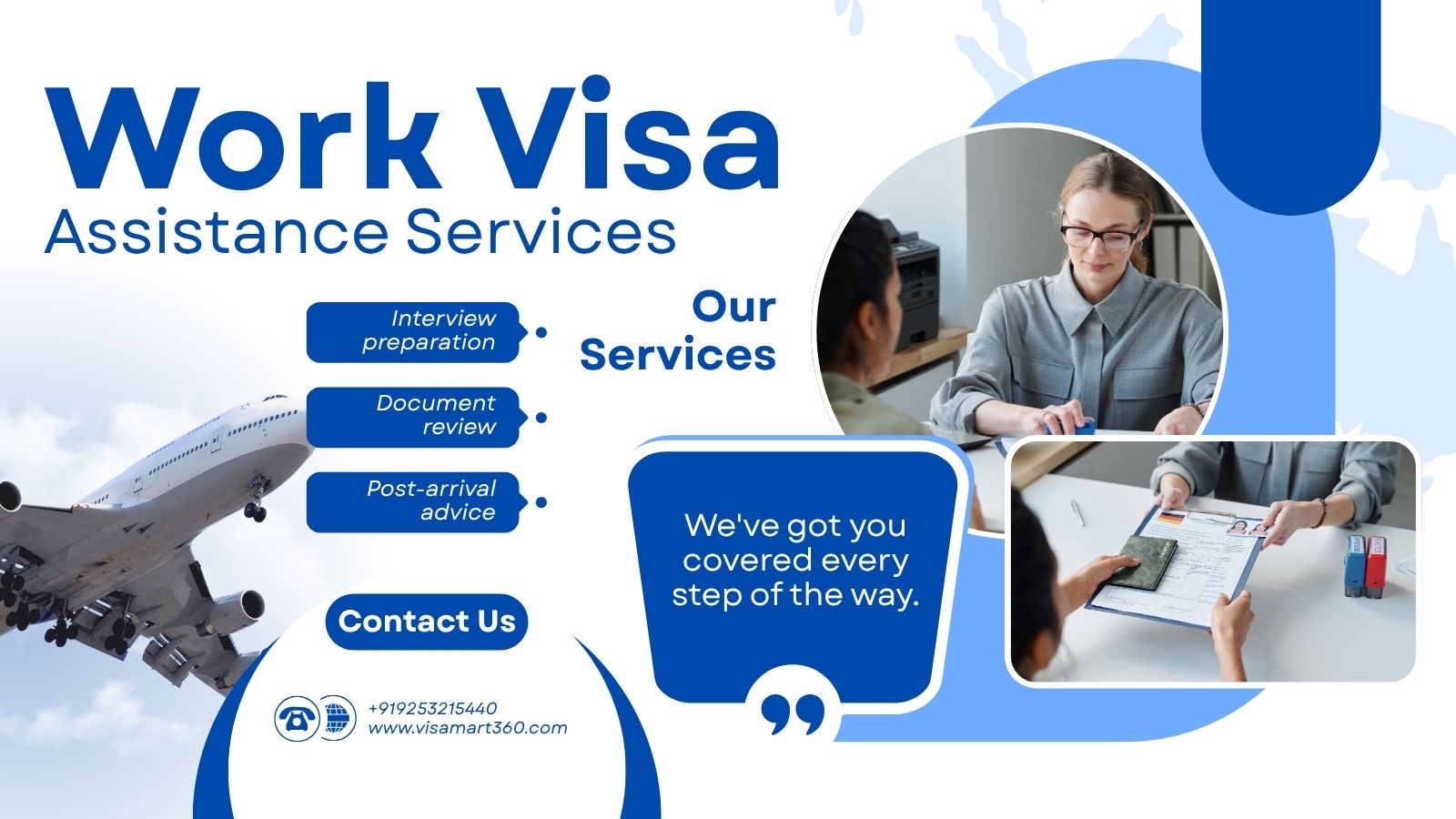 Blue and White Modern Work Visa Services Twitter Post
